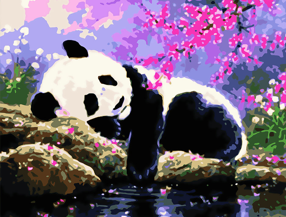 Panda Acostado al Lado de Agua Mirando Flores Rosadas Pintar por Números