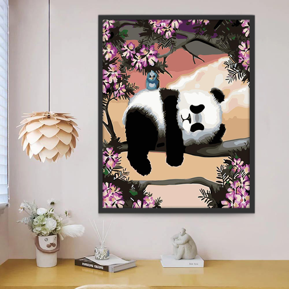 Panda Adorable y Pájaro Azul sobre Rama de Árbol Pintar por Números
