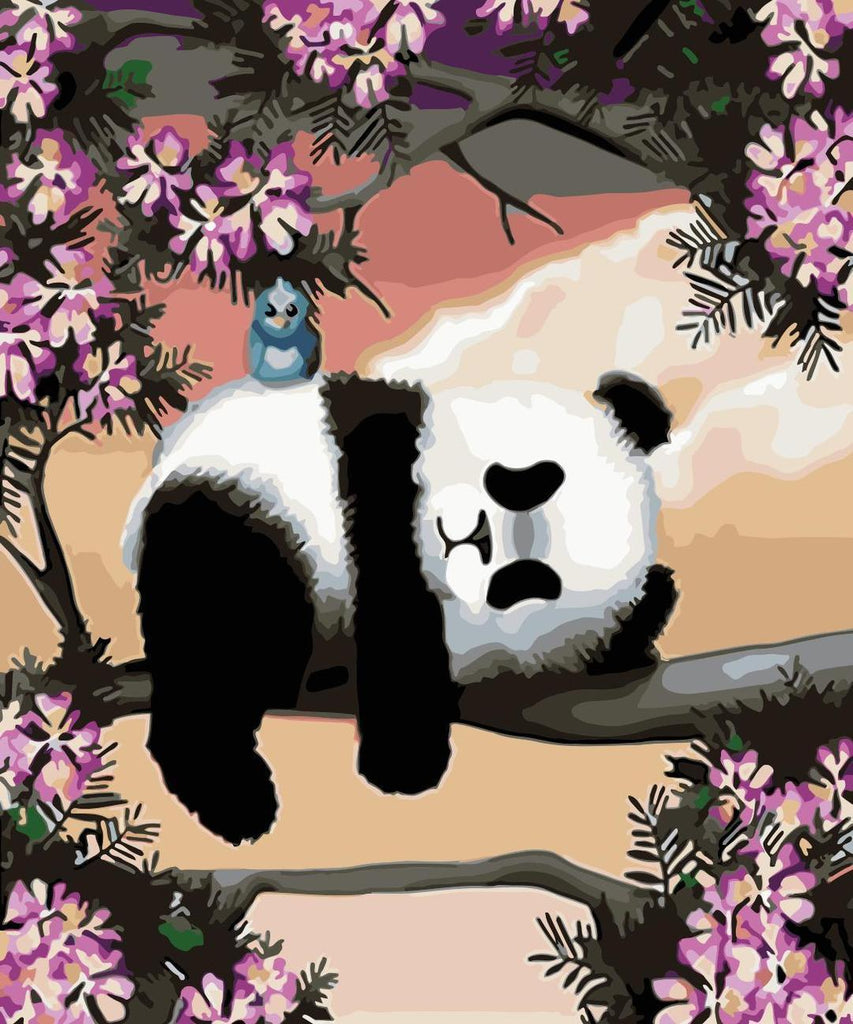 Panda Adorable y Pájaro Azul sobre Rama de Árbol Pintar por Números