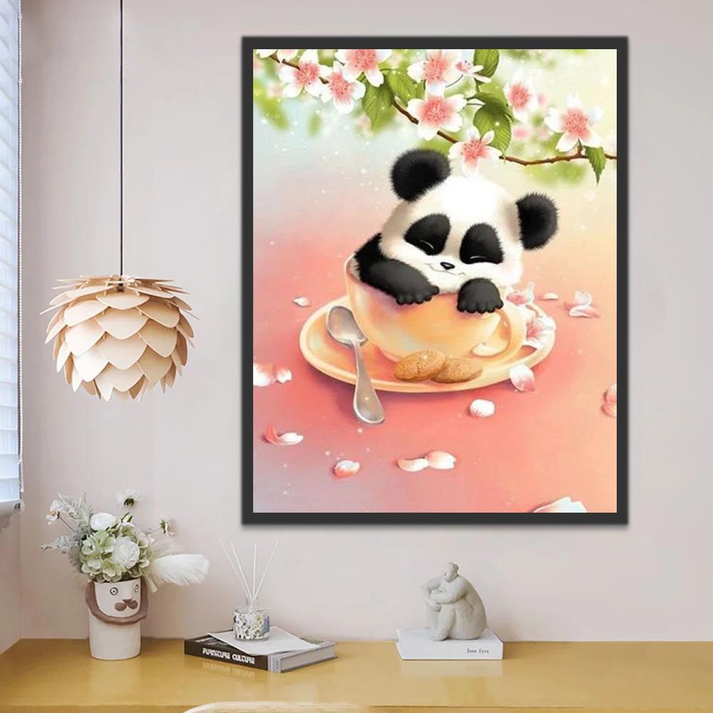 Panda Bebé en Taza de Café con Fondo Rosado Pintar por Números