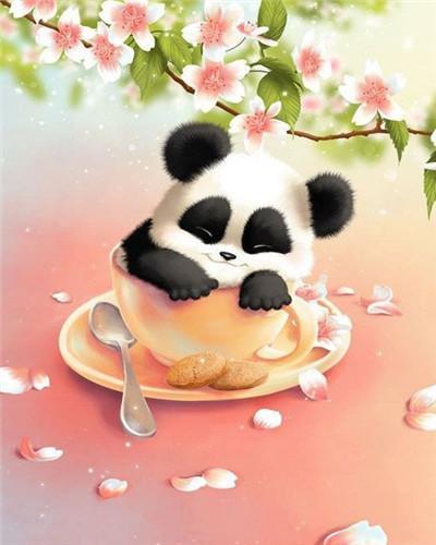 Panda Bebé en Taza de Café con Fondo Rosado Pintar por Números
