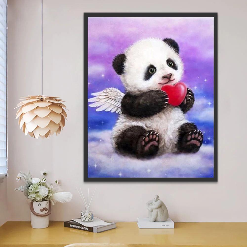 Panda Bebé Lindo con Alas Blancas y Corazón Rojo Pintar por Números