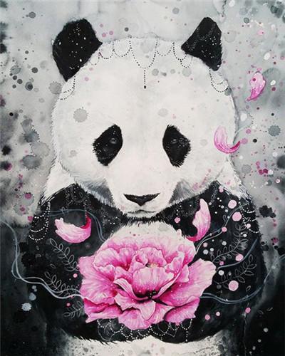 Panda con Flor de Peonía Rosada en las Manos Pintar por Números