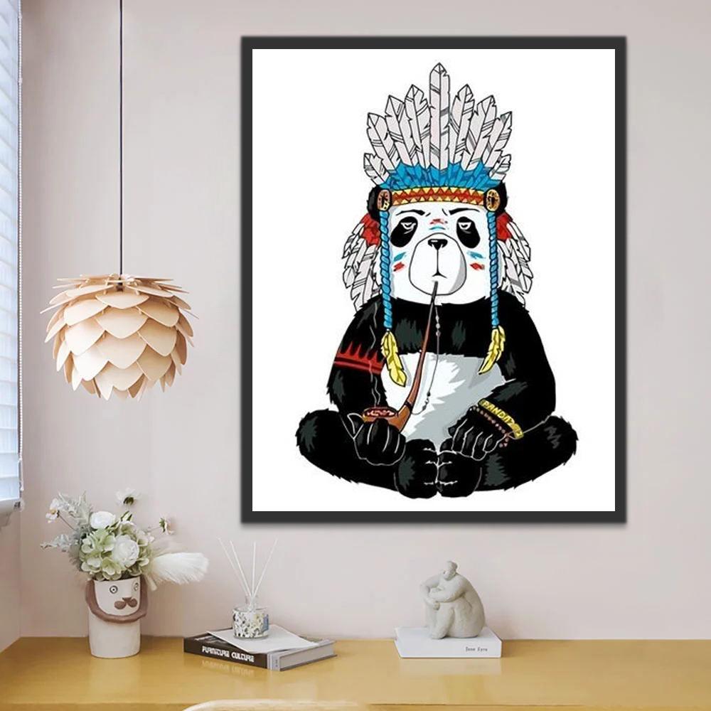 Panda con Tocado de Indios y Cachimbo Pintar por Números