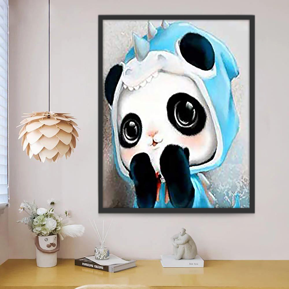 Panda Lindo con Impermeable Azul de Dinosaurio Pintar por Números