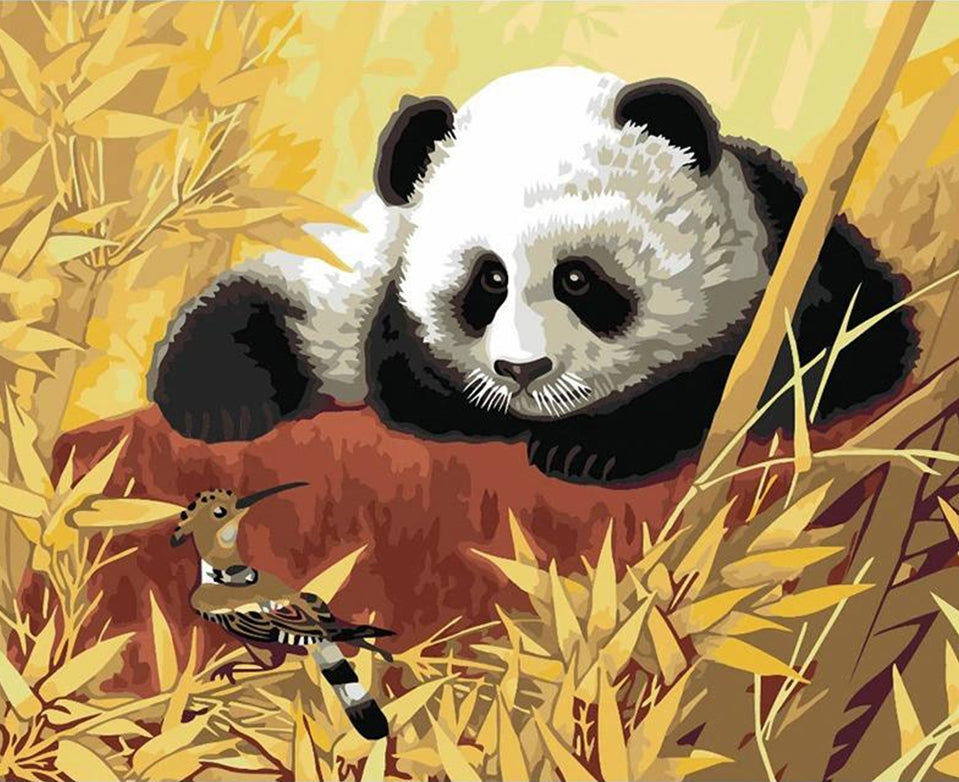 Panda Observando Pájaro entre Bosque de Bambú Pintar por Números
