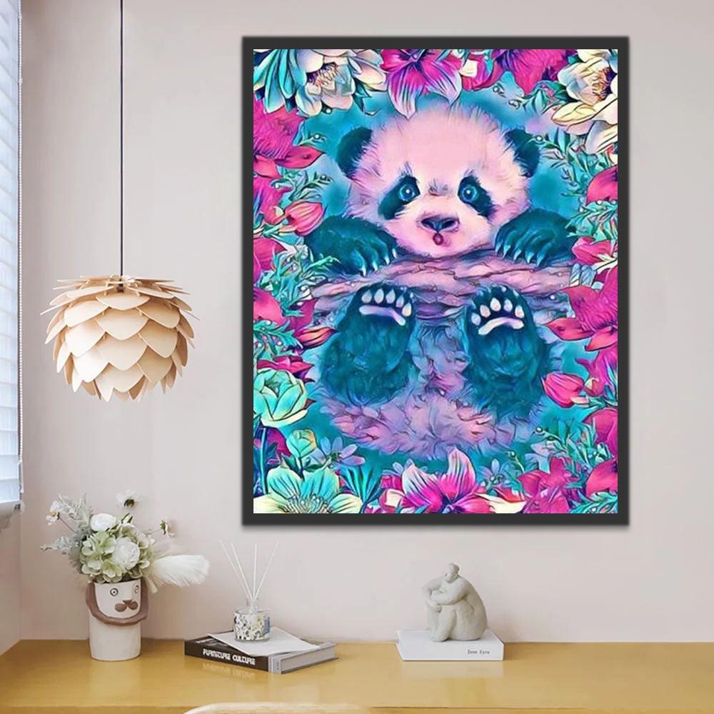 Panda Pequeño Lindo Rodeado de Flores Pintar por Números