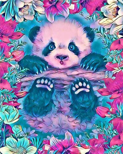 Panda Pequeño Lindo Rodeado de Flores Pintar por Números
