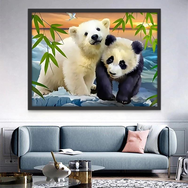 Panda Pequeño y Oso Polar Bebé sobre Hielo Pintar por Números