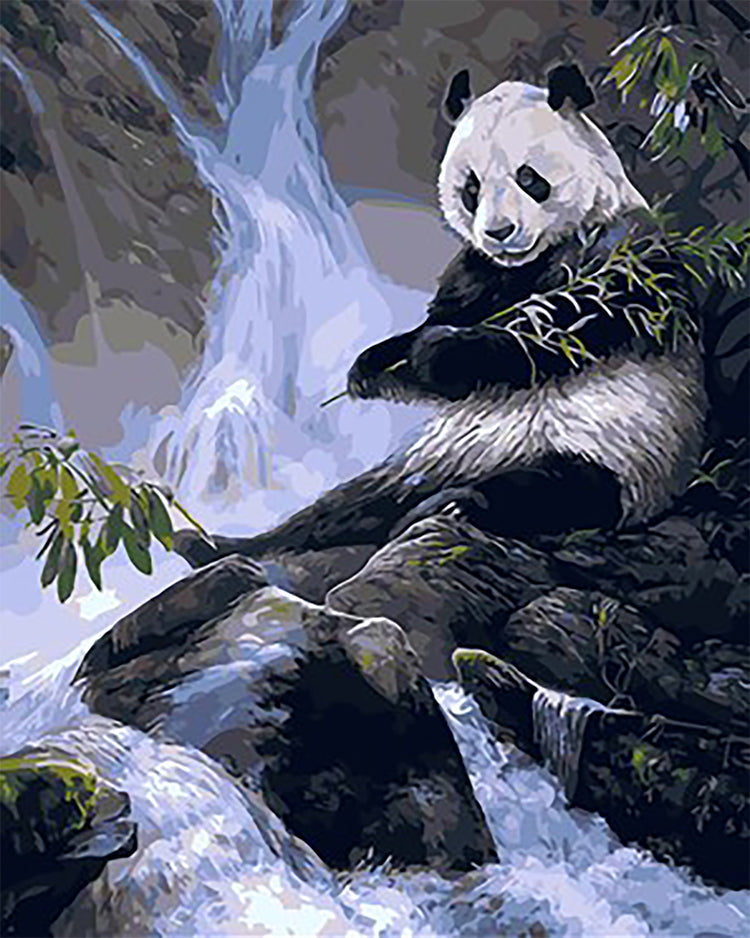 Panda Sentado sobre Roca al Lado de Cascada Pintar por Números