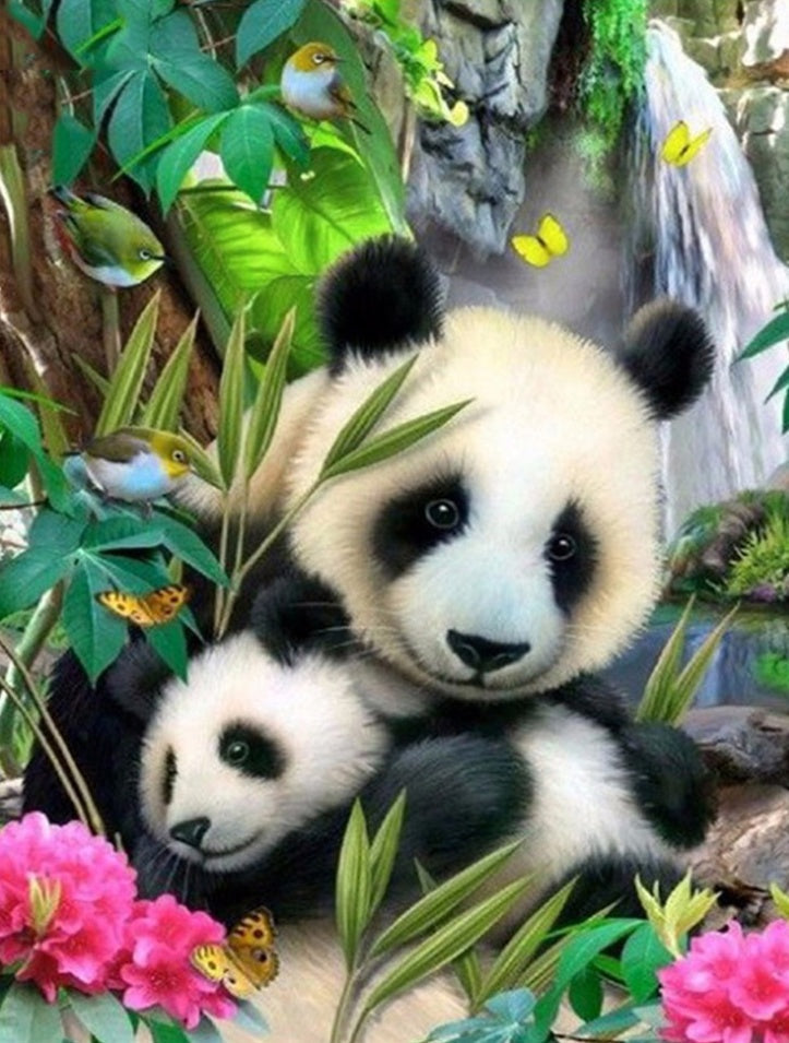 Pandas entre Flores y Plantas Verdes Pintar por Números