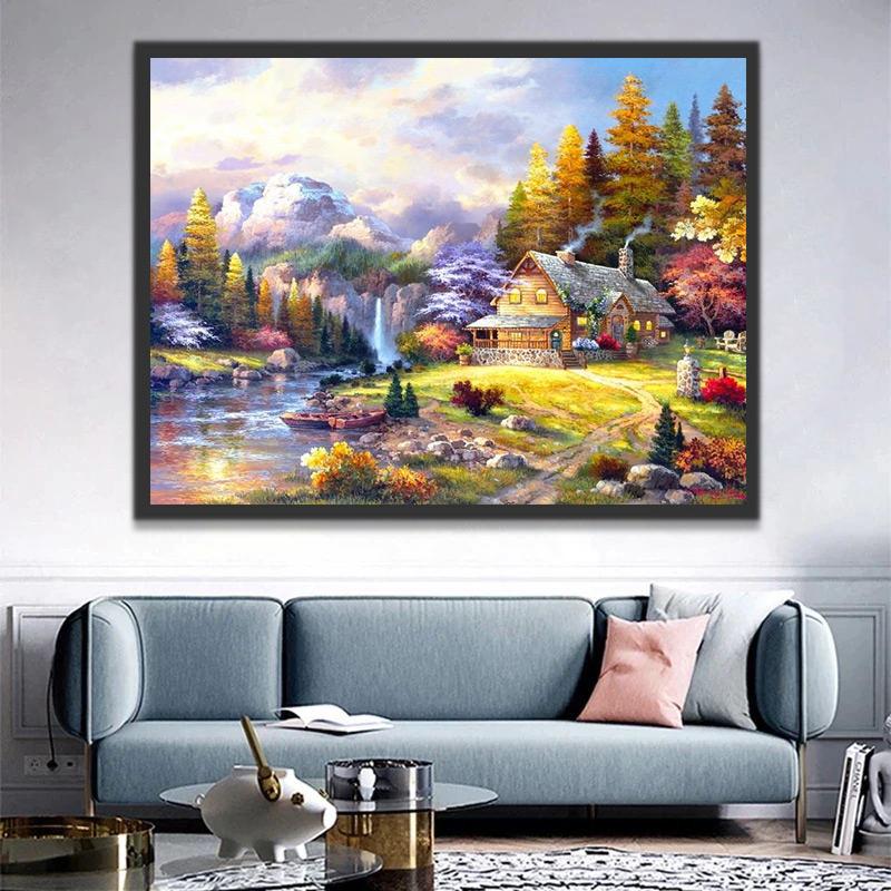 Panorama de Bosque y Casa de Piedra Pintar por Números