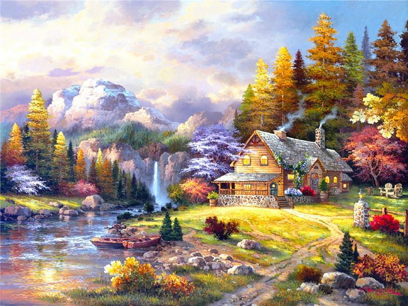 Panorama de Bosque y Casa de Piedra Pintar por Números