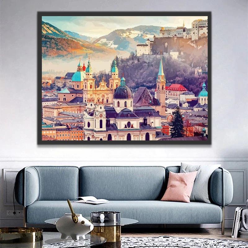 Panorama de Ciudad y Montañas Pintar por Números