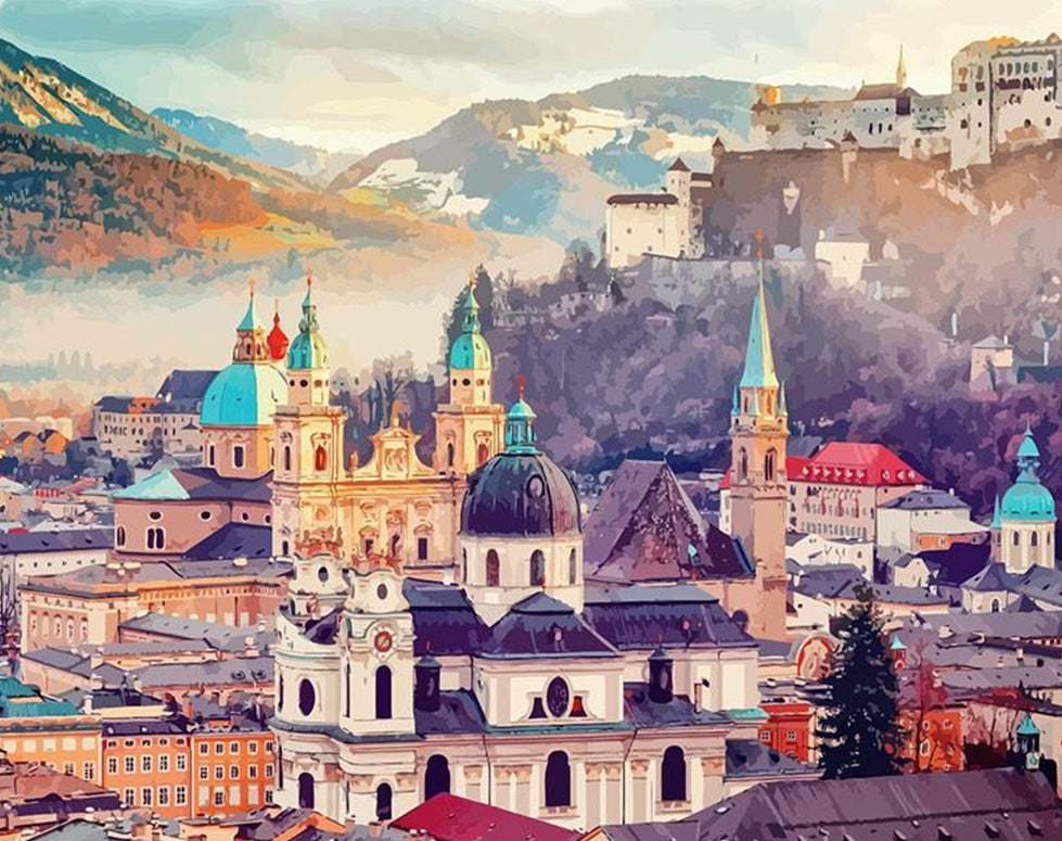Panorama de Ciudad y Montañas Pintar por Números