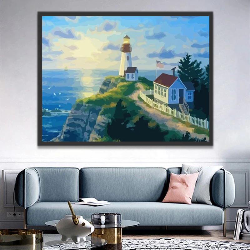 Panorama de Faro y Casa con el Sol Pintar por Números