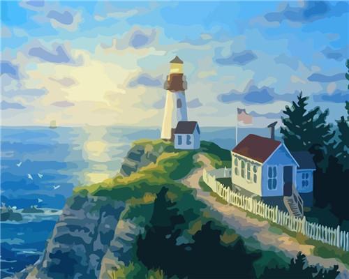 Panorama de Faro y Casa con el Sol Pintar por Números