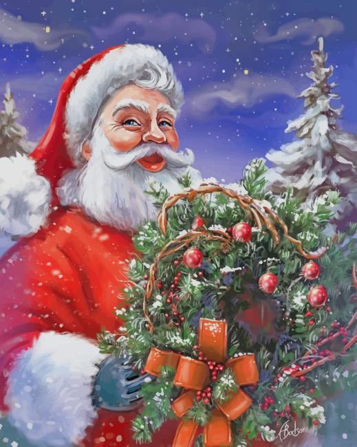 Papá Noel con Guirnalda en las Manos Pintar por Números
