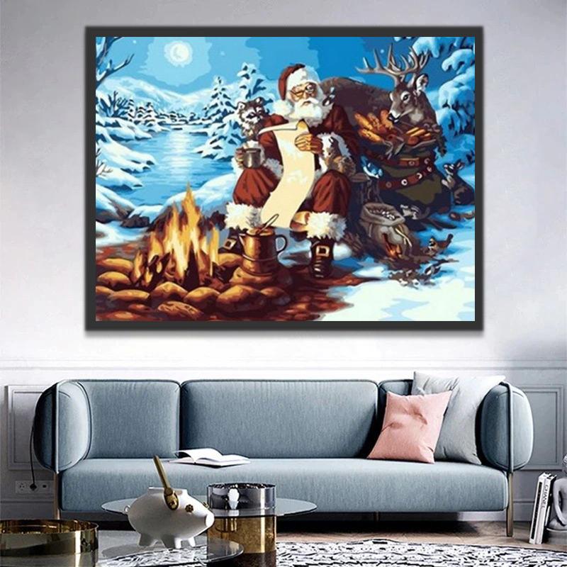 Papá Noel con Hoguera en Bosque Invernal Pintar por Números