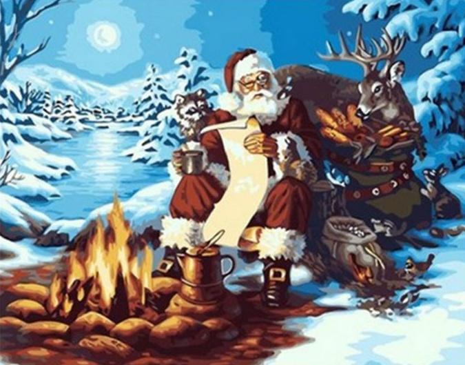 Papá Noel con Hoguera en Bosque Invernal Pintar por Números