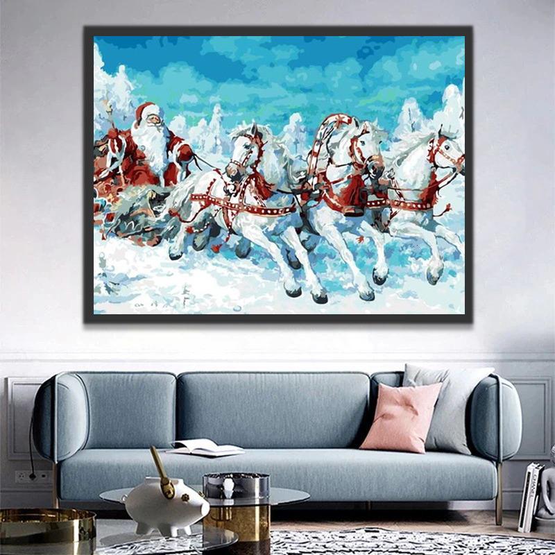Papá Noel en Trineo de Caballos Blancos Pintar por Números