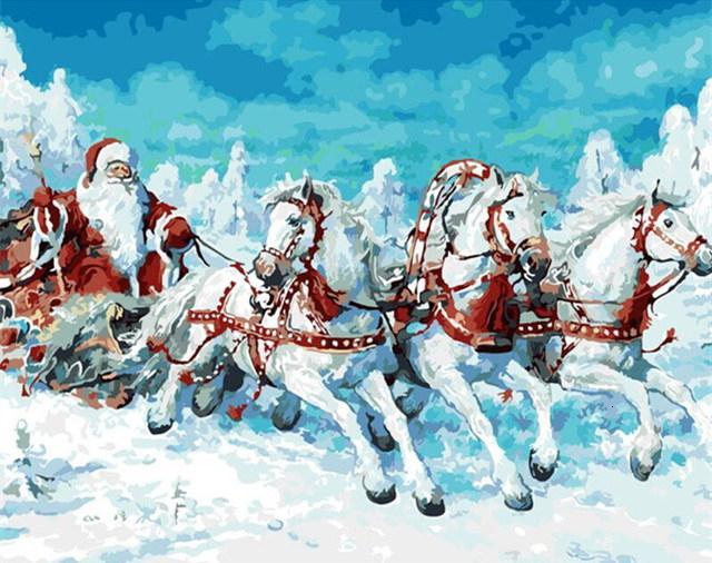 Papá Noel en Trineo de Caballos Blancos Pintar por Números