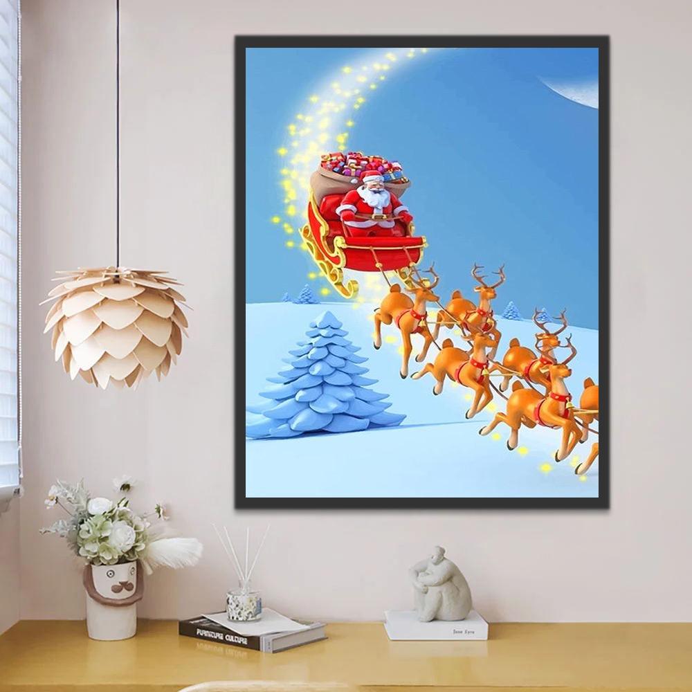 Papá Noel en Vuelo con Su Reno y Trineo Pintar por Números