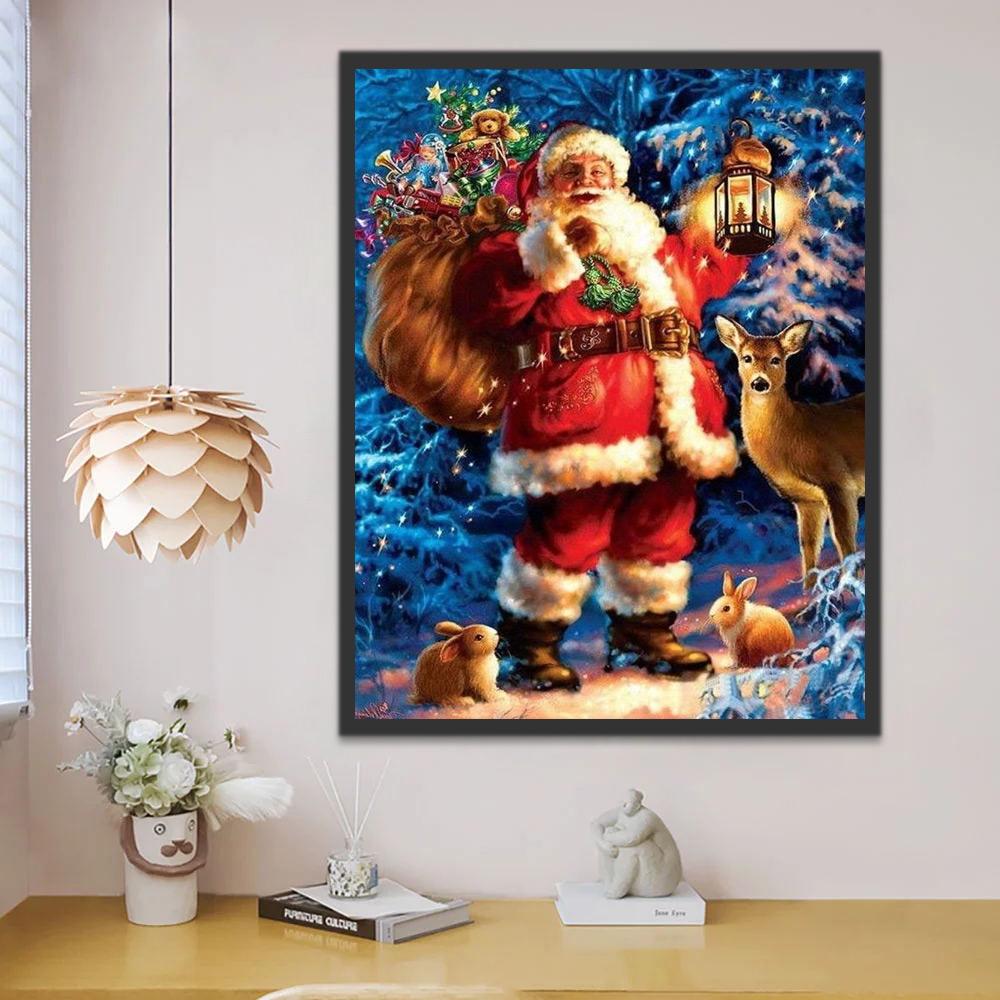 Papá Noel y Animales en Bosque de Pinos Pintar por Números