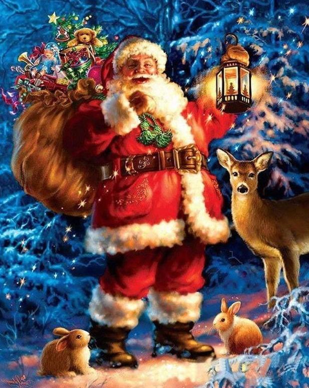 Papá Noel y Animales en Bosque de Pinos Pintar por Números