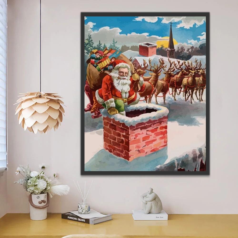 Papá Noel y Bolsa de Regalos en Chimenea Pintar por Números