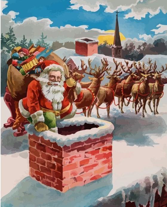 Papá Noel y Bolsa de Regalos en Chimenea Pintar por Números