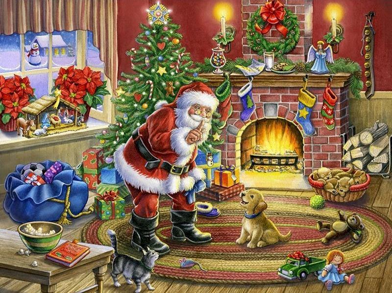 Papá Noel y Gatito y Perrito en Navidad Pintar por Números