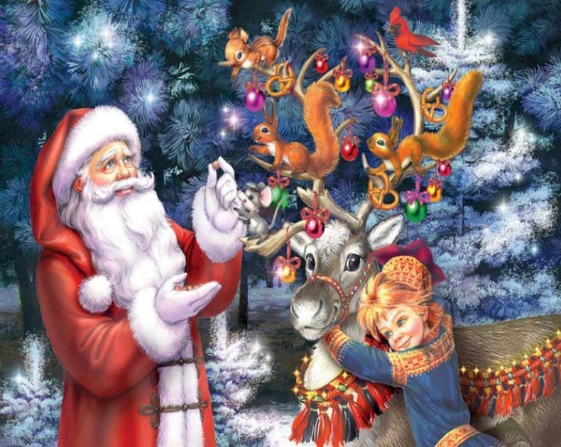 Papá Noel y Niña y Reno de Navidad Pintar por Números