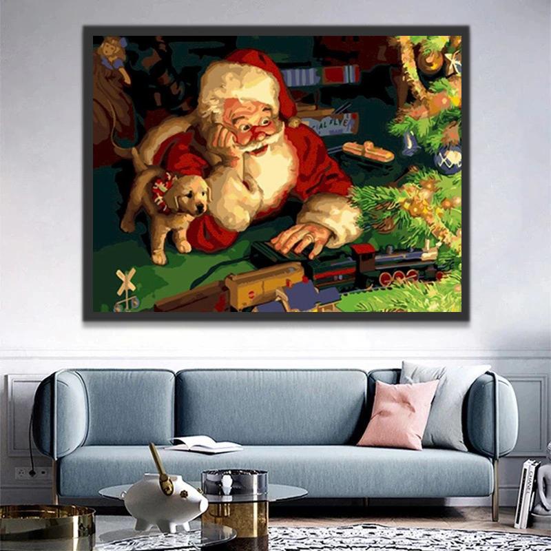 Papá Noel y Perrito con Tren de Juguete Pintar por Números