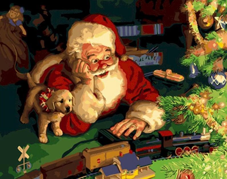 Papá Noel y Perrito con Tren de Juguete Pintar por Números