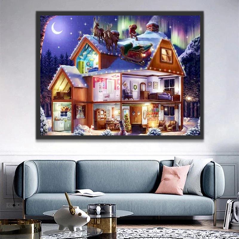 Papá Noel y Renos en el Techo de Casa Pintar por Números