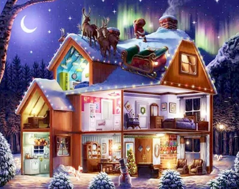Papá Noel y Renos en el Techo de Casa Pintar por Números