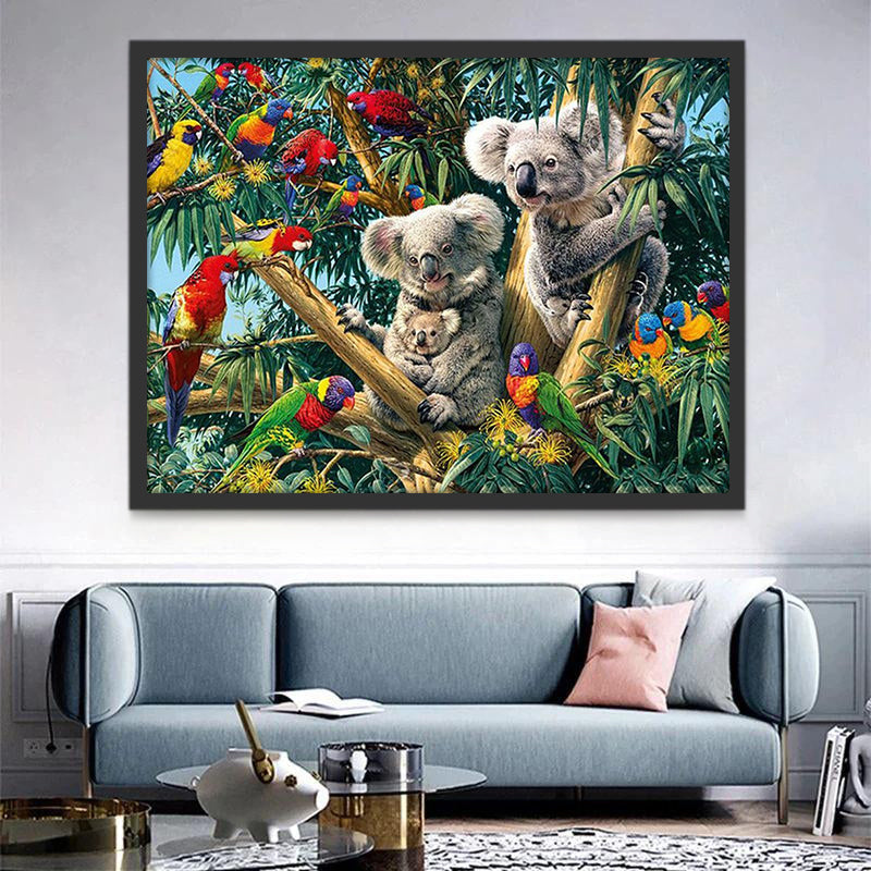 Papagayos y Familia de Koala sobre Árbol Pintar por Números