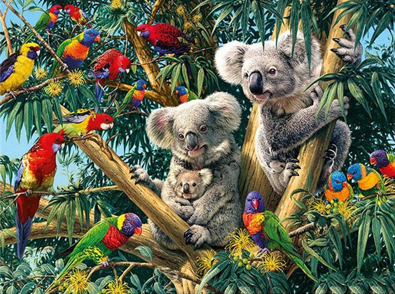 Papagayos y Familia de Koala sobre Árbol Pintar por Números