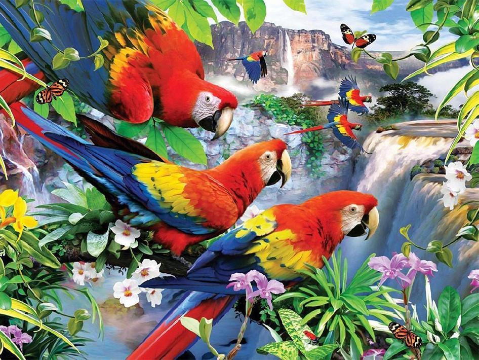 Papagayos y Plantas y Cascada Pintar por Números