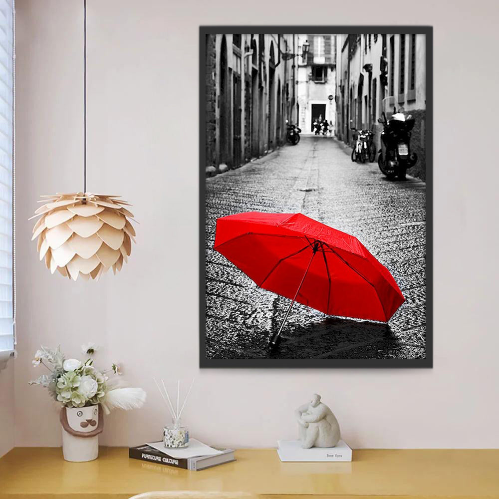 Paraguas Rojo en Callejón Blanco y Negro Pintar por Números