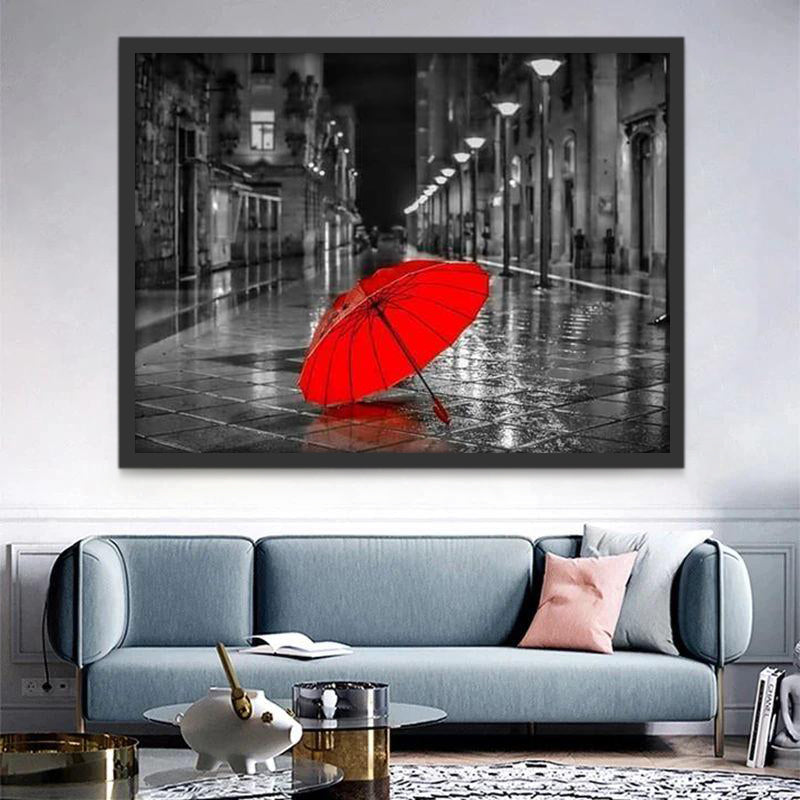 Paraguas Rojo y Calle Gris de Ciudad Pintar por Números