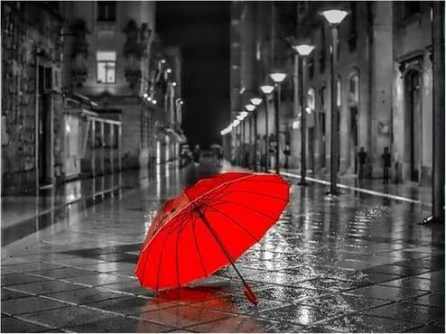 Paraguas Rojo y Calle Gris de Ciudad Pintar por Números
