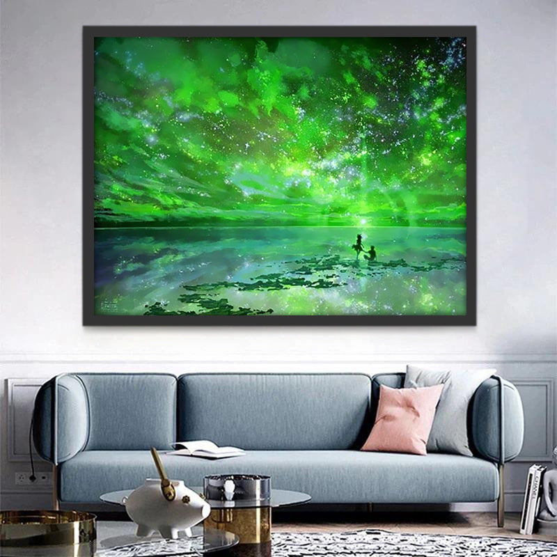 Pareja Bajo Cielo Verde con Estrellas Pintar por Números