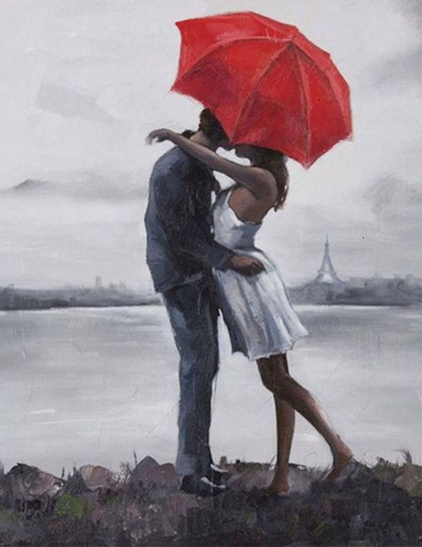 Pareja Bajo Paraguas Rojo Pintar por Números
