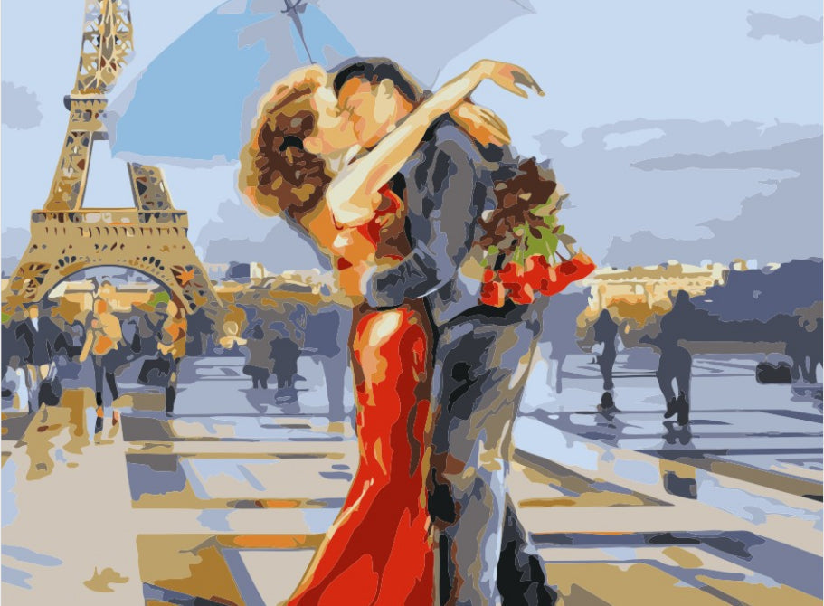Pareja Besándose en la Calle de París Pintar por Números
