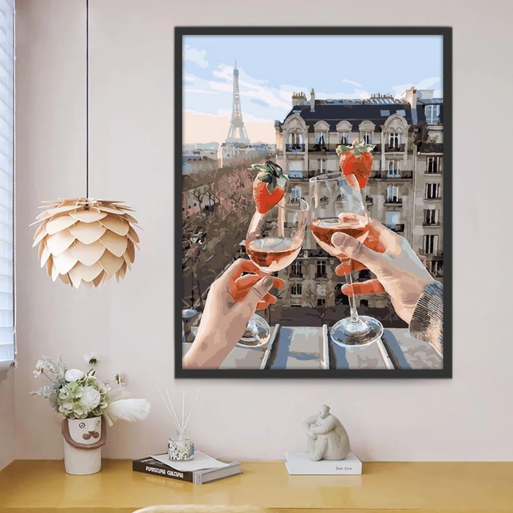 Pareja con Copas de Vino y Torre Eiffel Pintar por Números