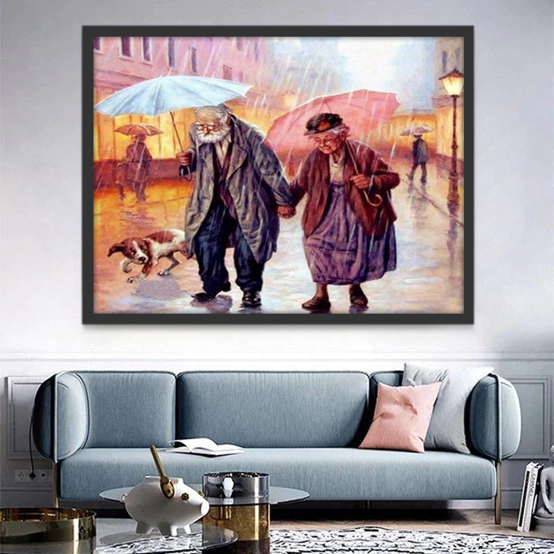 Pareja de Ancianos y Perrito en la Lluvia Pintar por Números
