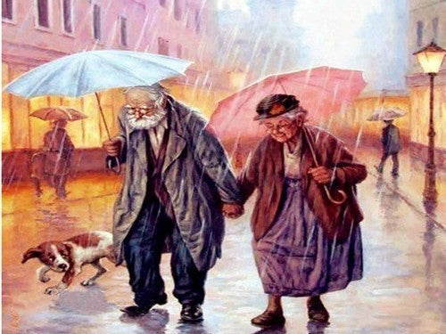 Pareja de Ancianos y Perrito en la Lluvia Pintar por Números