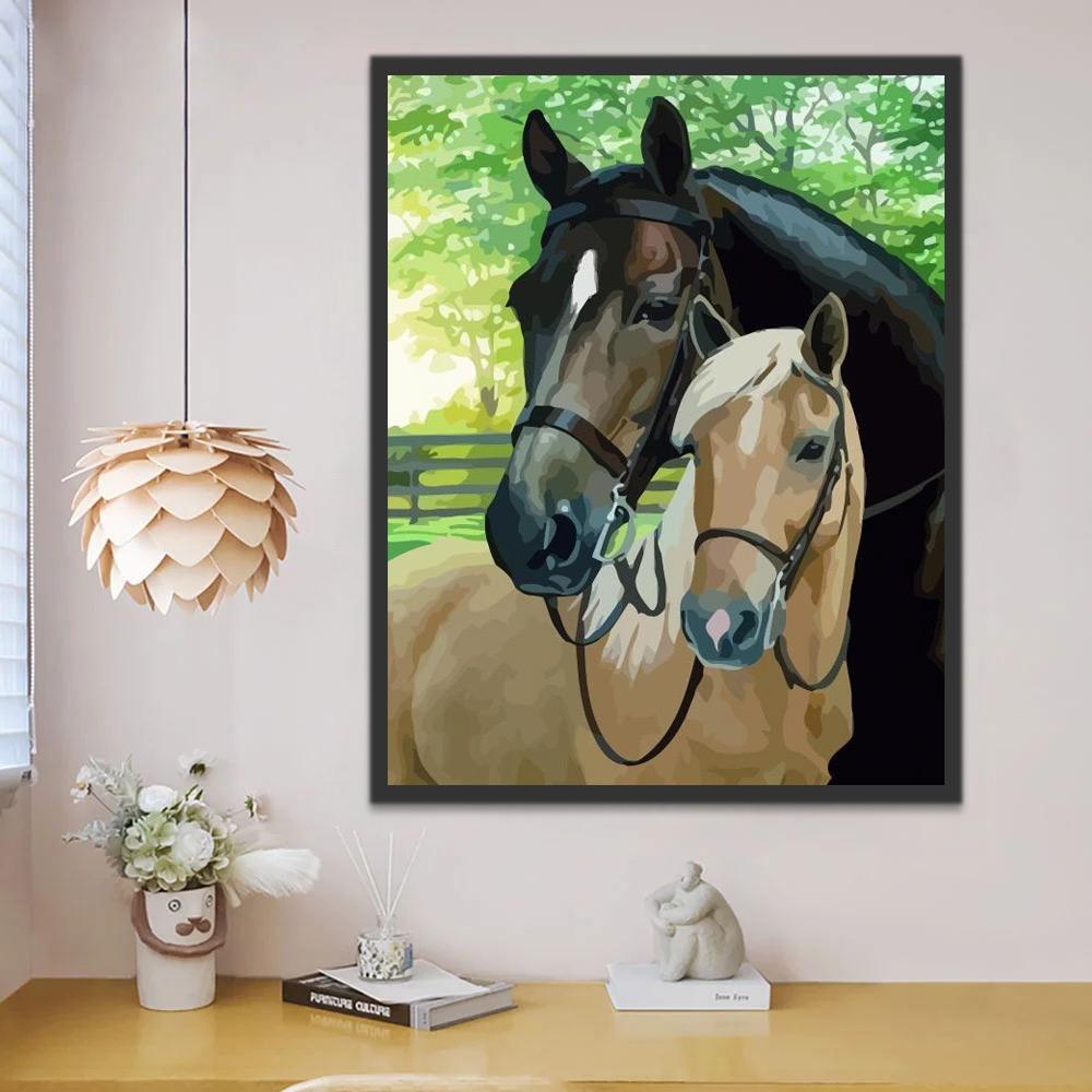 Pareja de Caballos con Fondo de Árboles Verdes Pintar por Números
